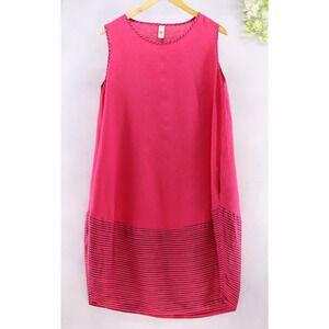 158C Women's Italian Linen Shift Lagenlook Midi Dress Sleeveless Pink Navy Sz M